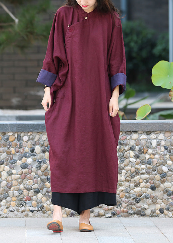 Brown Stand Collar Button Linen Maxi Dress Spring