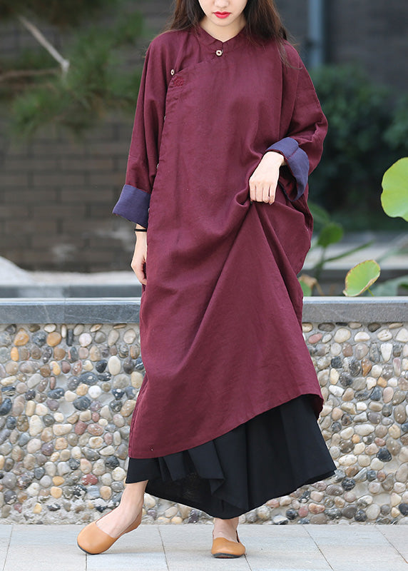 Brown Stand Collar Button Linen Maxi Dress Spring