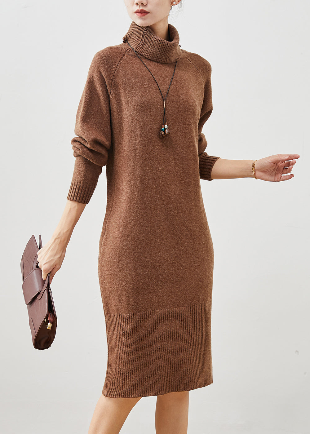 Brown Warm Knitwear Dress Turtle Neck Winter