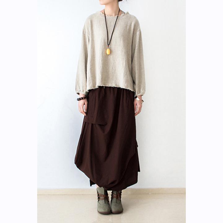 Brown asymmetrical linen skirts oversized maxi skirts pants - Omychic