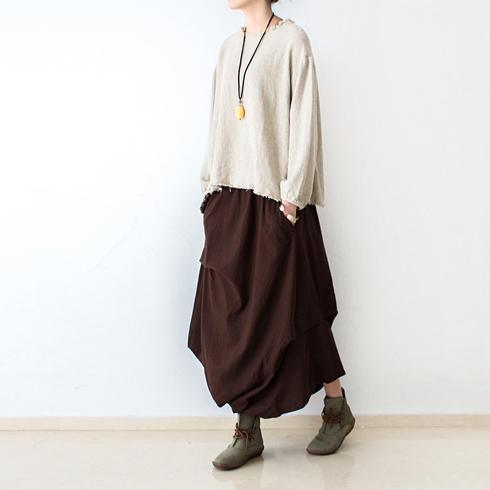Brown asymmetrical linen skirts oversized maxi skirts pants - Omychic
