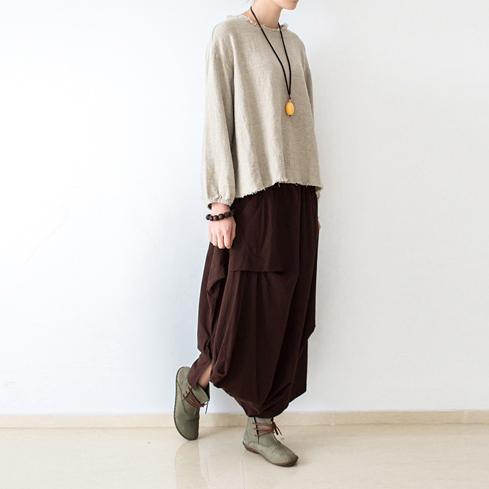 Brown asymmetrical linen skirts oversized maxi skirts pants - Omychic