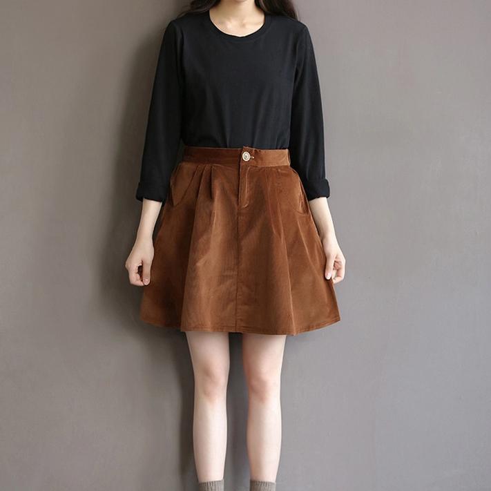 Brown cotton mini skirts oversize pockets short skirts - Omychic