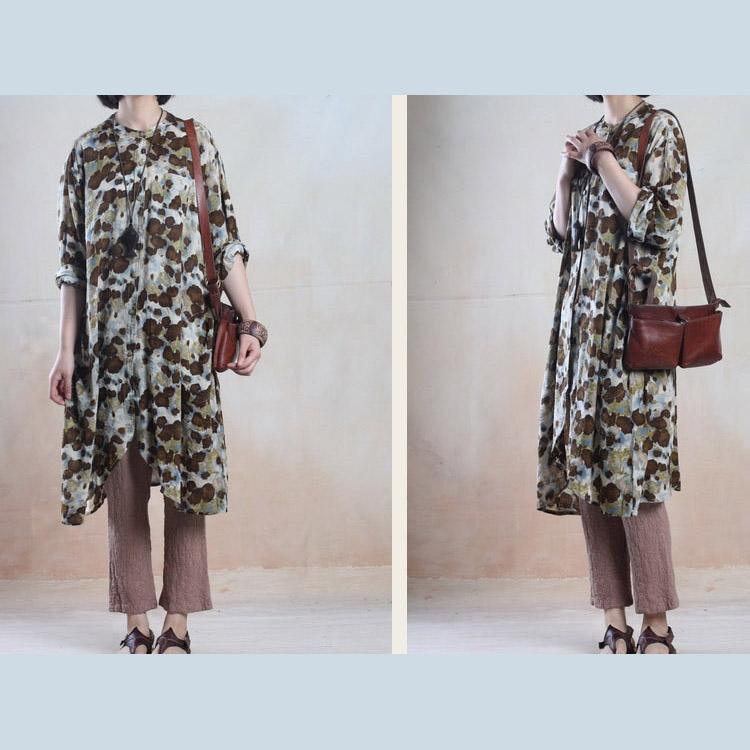 Brown floral asymmetric long sundress maxi dresses long shirt caftan cotton - Omychic