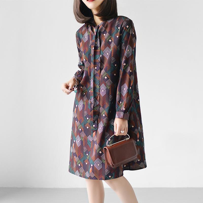 Brown floral chiffon dresses long sleeve casual plus size chiffon blouse bowtie - Omychic
