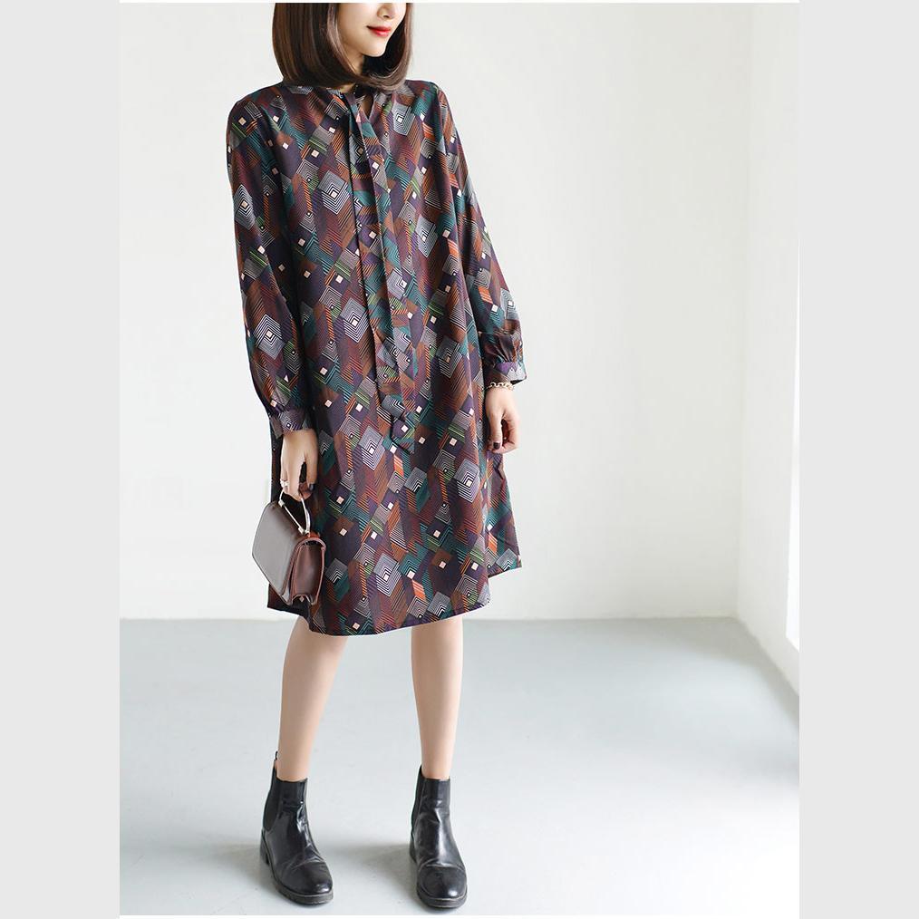Brown floral chiffon dresses long sleeve casual plus size chiffon blouse bowtie - Omychic