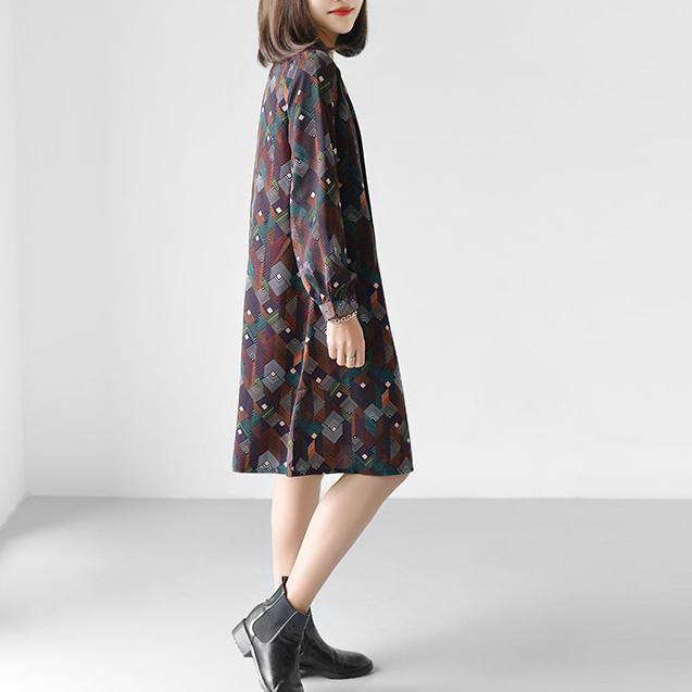 Brown floral chiffon dresses long sleeve casual plus size chiffon blouse bowtie - Omychic