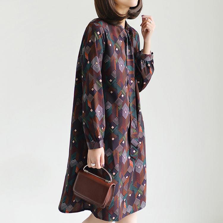 Brown floral chiffon dresses long sleeve casual plus size chiffon blouse bowtie - Omychic