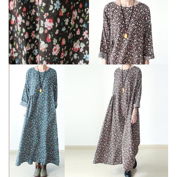 Brown floral cotton dresses long cotton caftans maxi dress fall winter dresses - Omychic