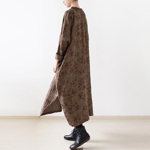 Brown floral oversize cotton dresses vintage plus size caftans linen dress - Omychic