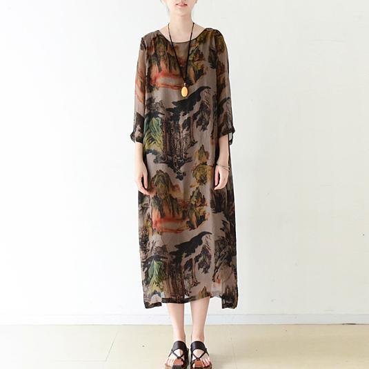 Brown flowy print chiffon dresses maxi dress long sleeve cotton lining - Omychic