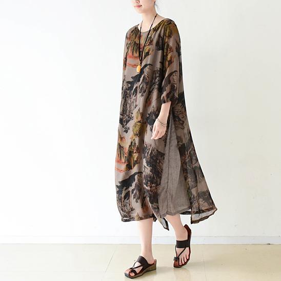 Brown flowy print chiffon dresses maxi dress long sleeve cotton lining - Omychic