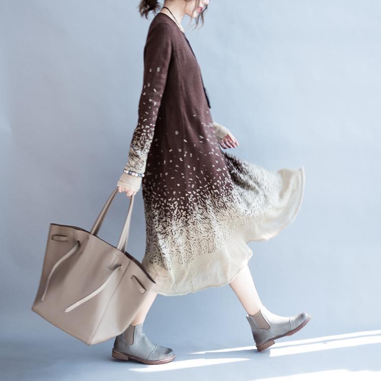 Brown joyful autumn cotton dresses long sleeve maxi dress rice print plus size cotton clothing - Omychic