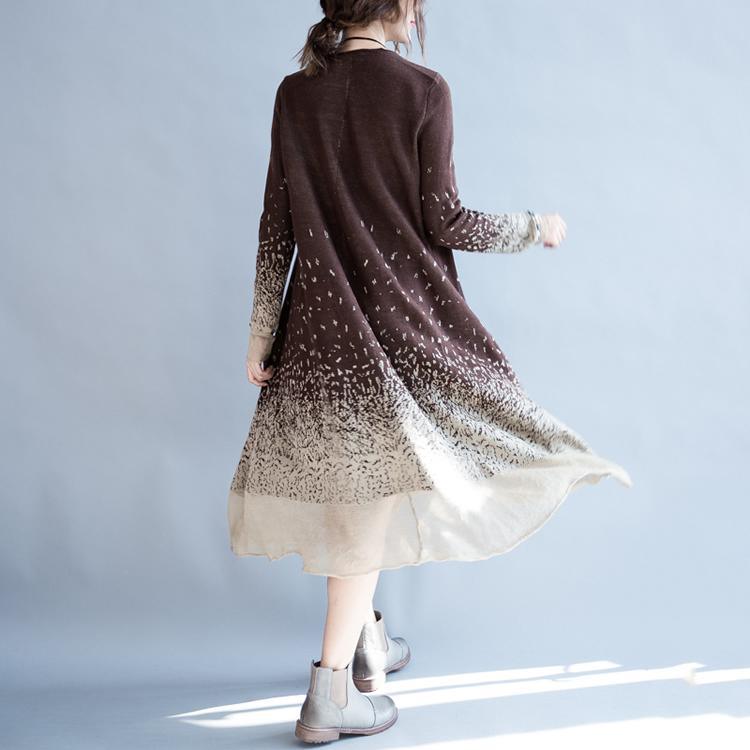 Brown joyful autumn cotton dresses long sleeve maxi dress rice print plus size cotton clothing - Omychic