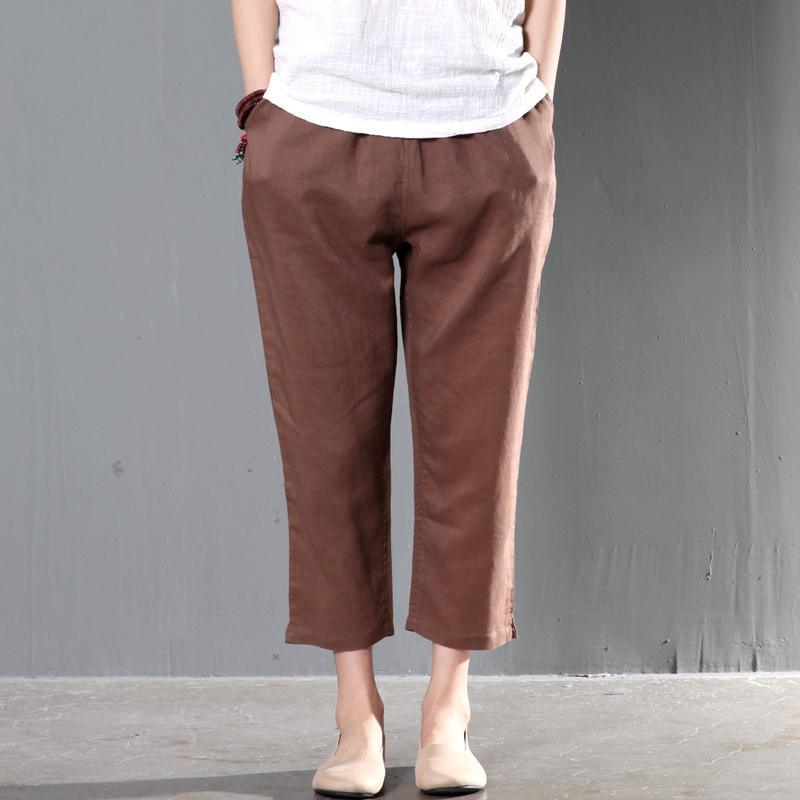 Brown linen trousers crop pants women summer - Omychic