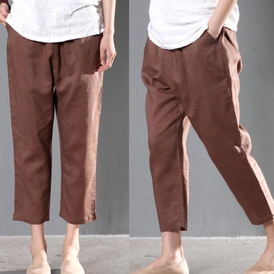 Brown linen trousers crop pants women summer - Omychic