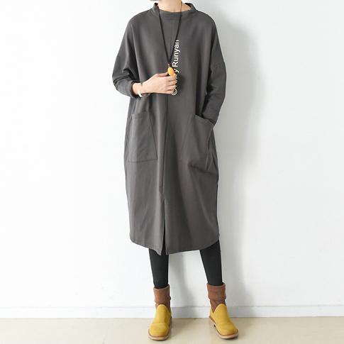 Brown oversize big pockets cotton dresses long pullover shirts - Omychic