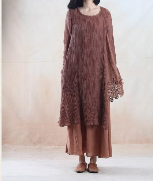 Brown pleated layered linen dress maxis cotton spring dress - Omychic