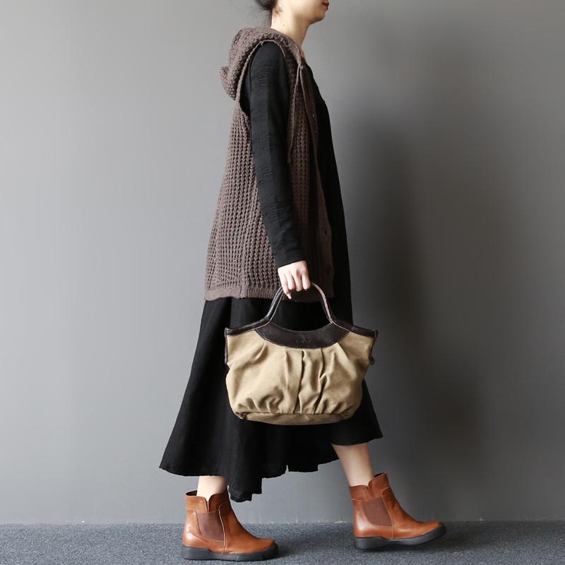 Brown sleevess sweaters coat hoodied vest tops in khaki - Omychic