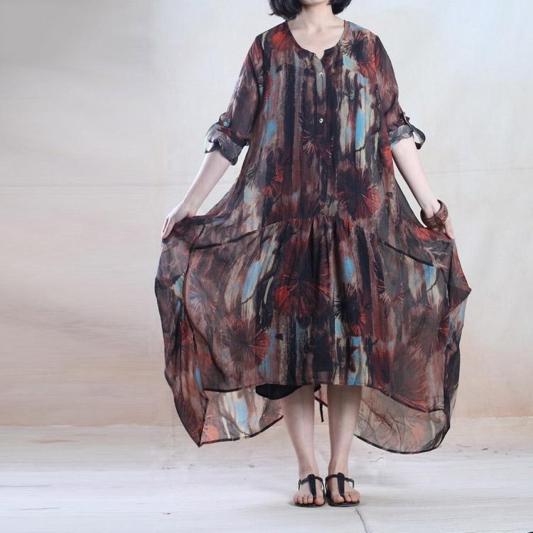 Brown summer floral maxi dress chiffon long sundress plus size holiday dress gown party dress - Omychic