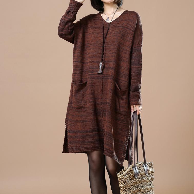 Brown sweaters with pockets long sweater - Omychic