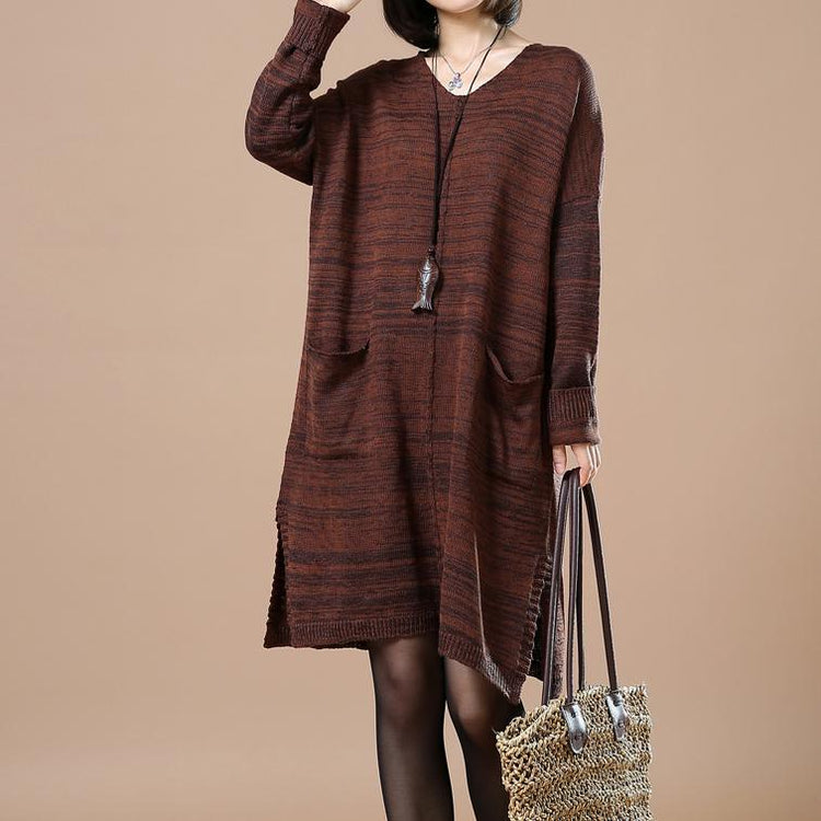 Brown sweaters with pockets long sweater - Omychic