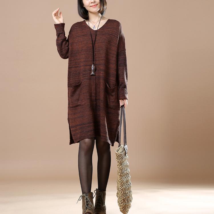Brown sweaters with pockets long sweater - Omychic