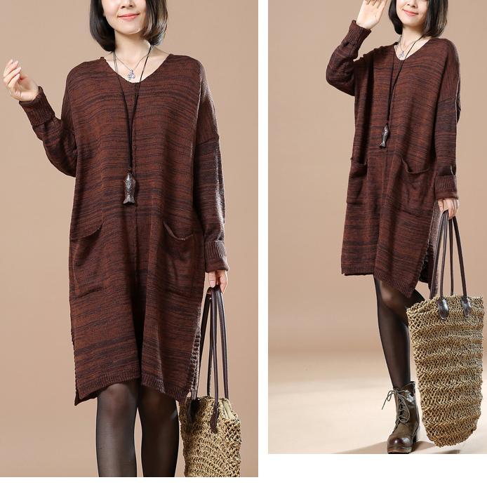 Brown sweaters with pockets long sweater - Omychic