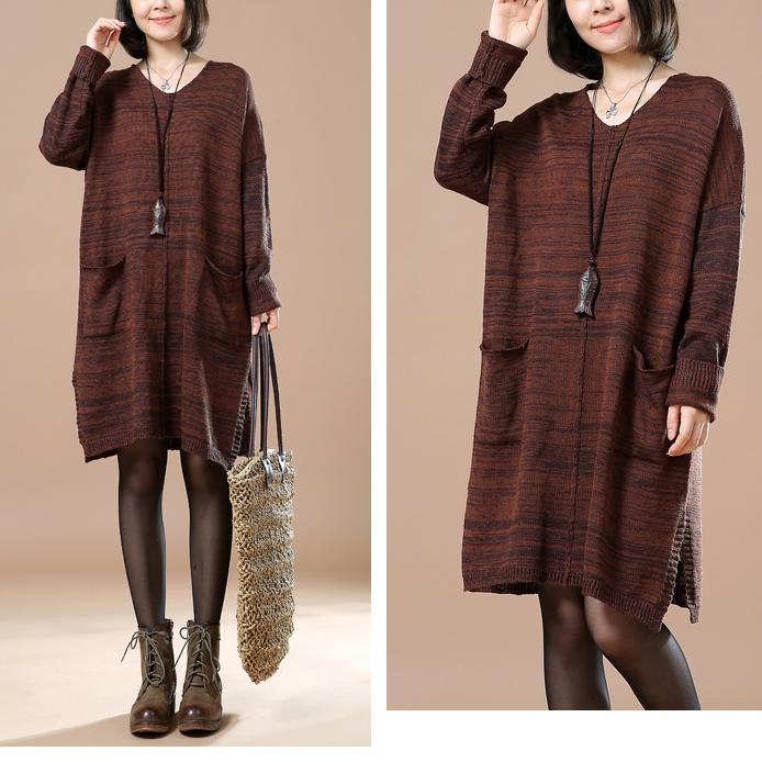 Brown sweaters with pockets long sweater - Omychic