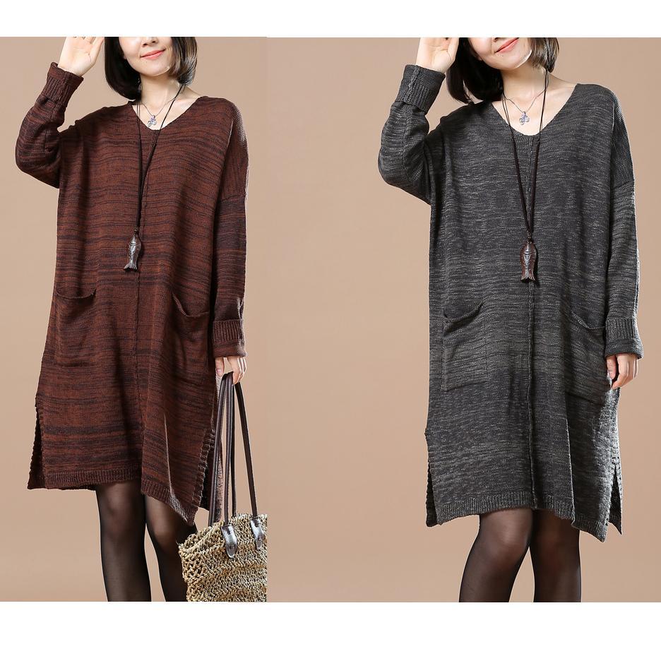 Brown sweaters with pockets long sweater - Omychic