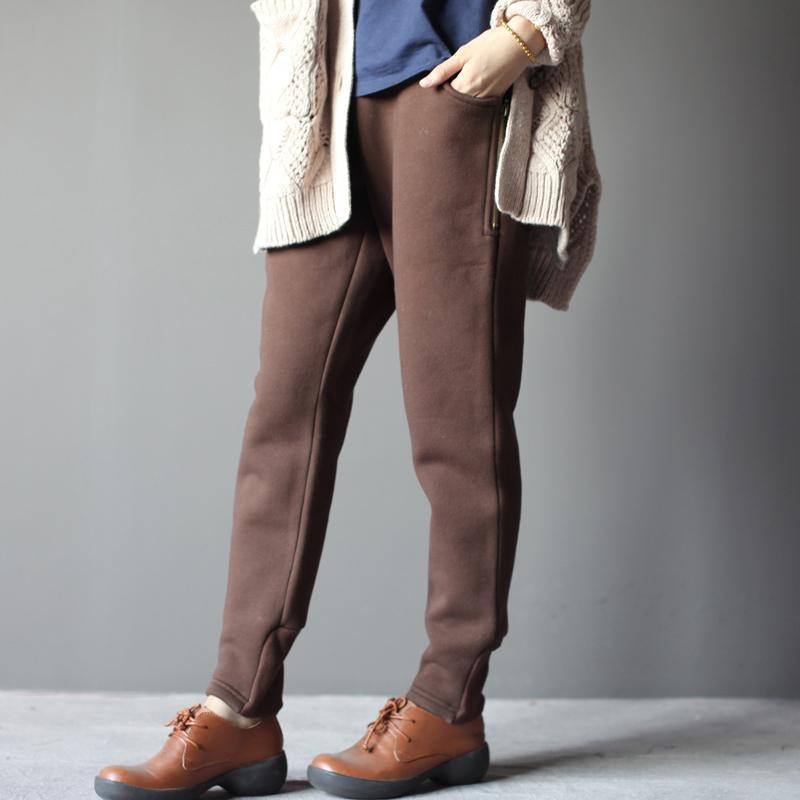 Brown velour women winter trousers pants cotton capris - Omychic
