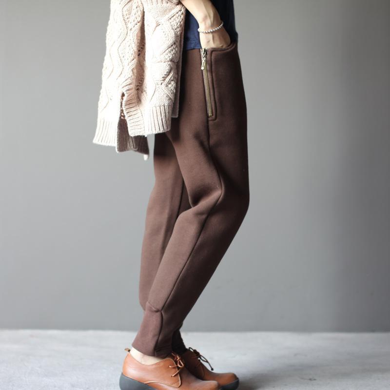 Brown velour women winter trousers pants cotton capris - Omychic