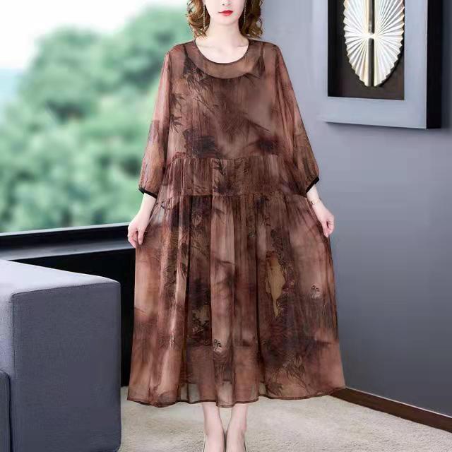 Brown Floral Maxi Dresses Plus Size Chiffon Dress