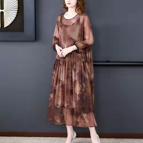 Brown Floral Maxi Dresses Plus Size Chiffon Dress