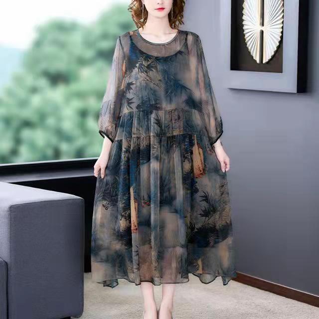 Brown Floral Maxi Dresses Plus Size Chiffon Dress