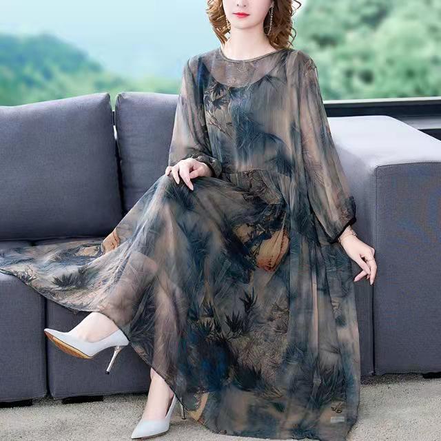 Brown Floral Maxi Dresses Plus Size Chiffon Dress