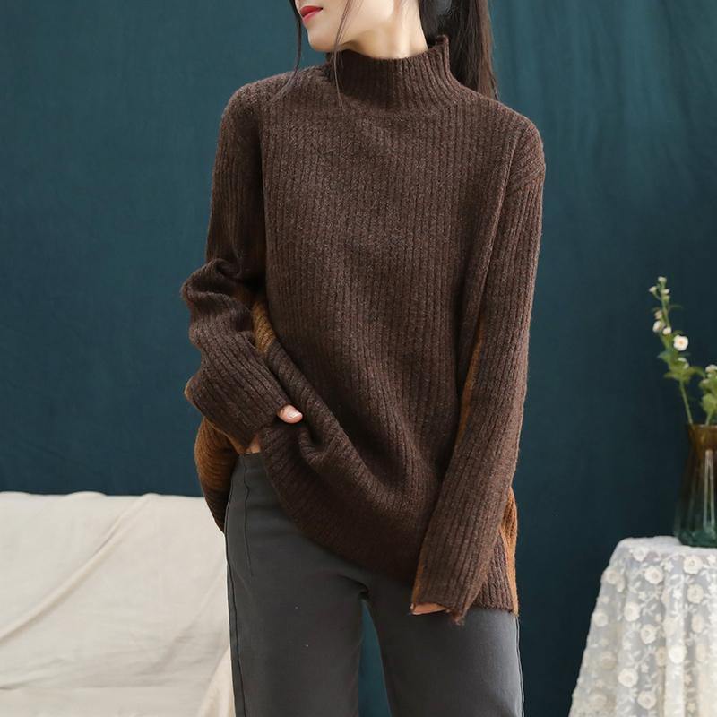 Winter Knit Top Silhouette Trendy Plus Size Winter Knitted Blouse Patchwork (Out of stock) - Omychic