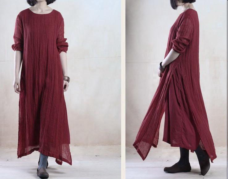 Brugundy layered long linen dress maxis oversize floor length linen dresses - Omychic