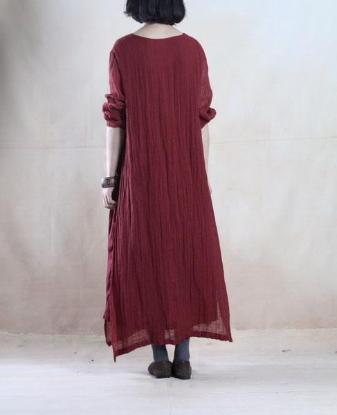 Brugundy layered long linen dress maxis oversize floor length linen dresses - Omychic