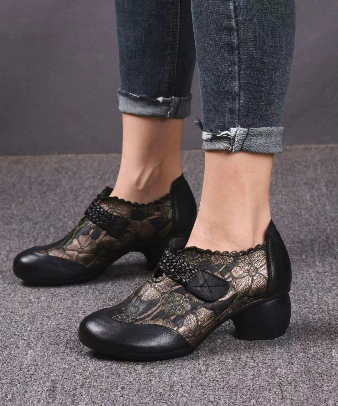 Buckle Strap Splicing Chunky Black Embossed Cowhide Leather