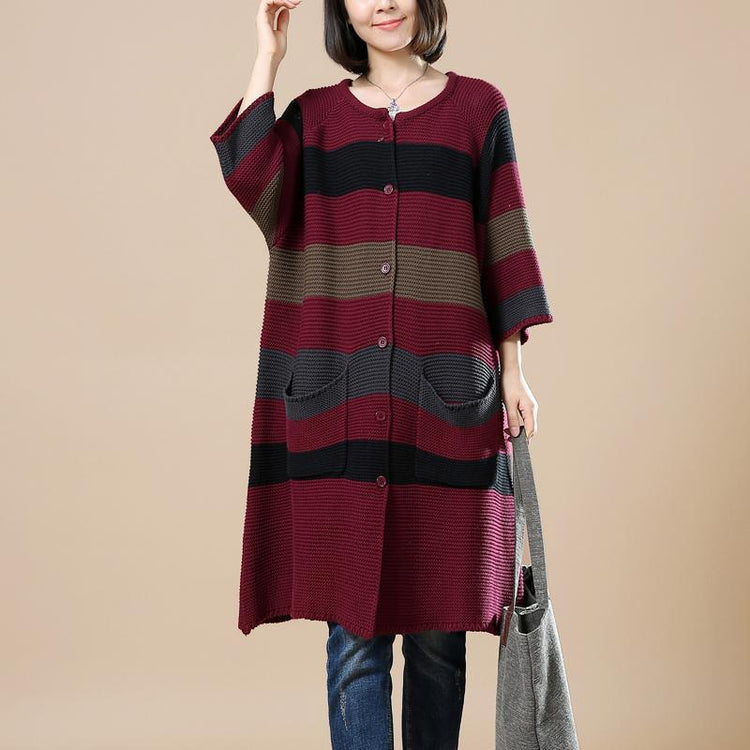 Burbundy strip plus size knit sweaters dress - Omychic