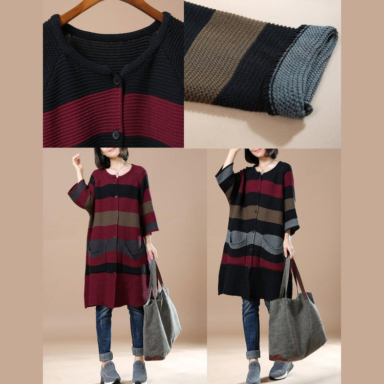 Burbundy strip plus size knit sweaters dress - Omychic