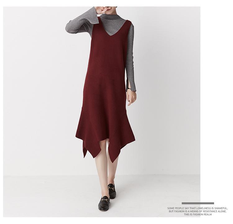 Burdungy strap knit dress asymmetrical hem raw cut - Omychic