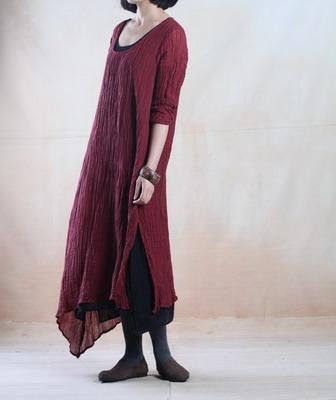 Burgundy spring linen dress layered long linen maxi dress - Omychic