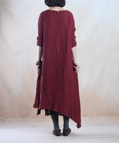 Burgundy spring linen dress layered long linen maxi dress - Omychic