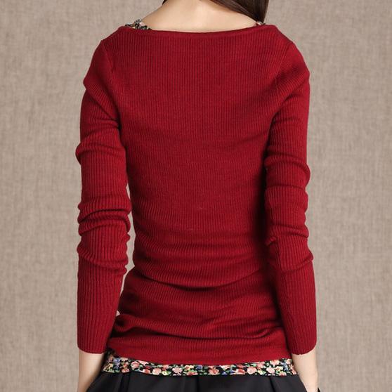 Burgundy Floral trim knitted sweater top - Omychic