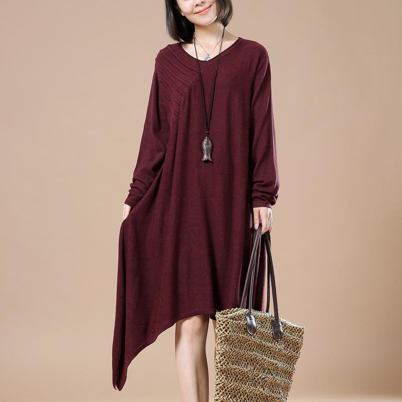 Burgundy asymmetrical plus size sweaters winter maxi dress - Omychic