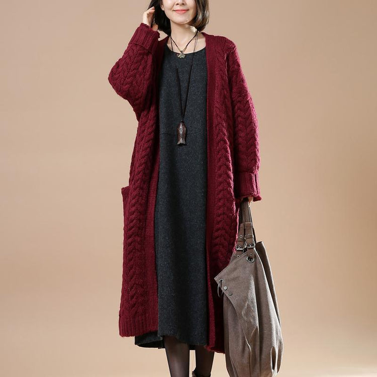 Burgundy cable knit cardigans plus size sweater coats - Omychic