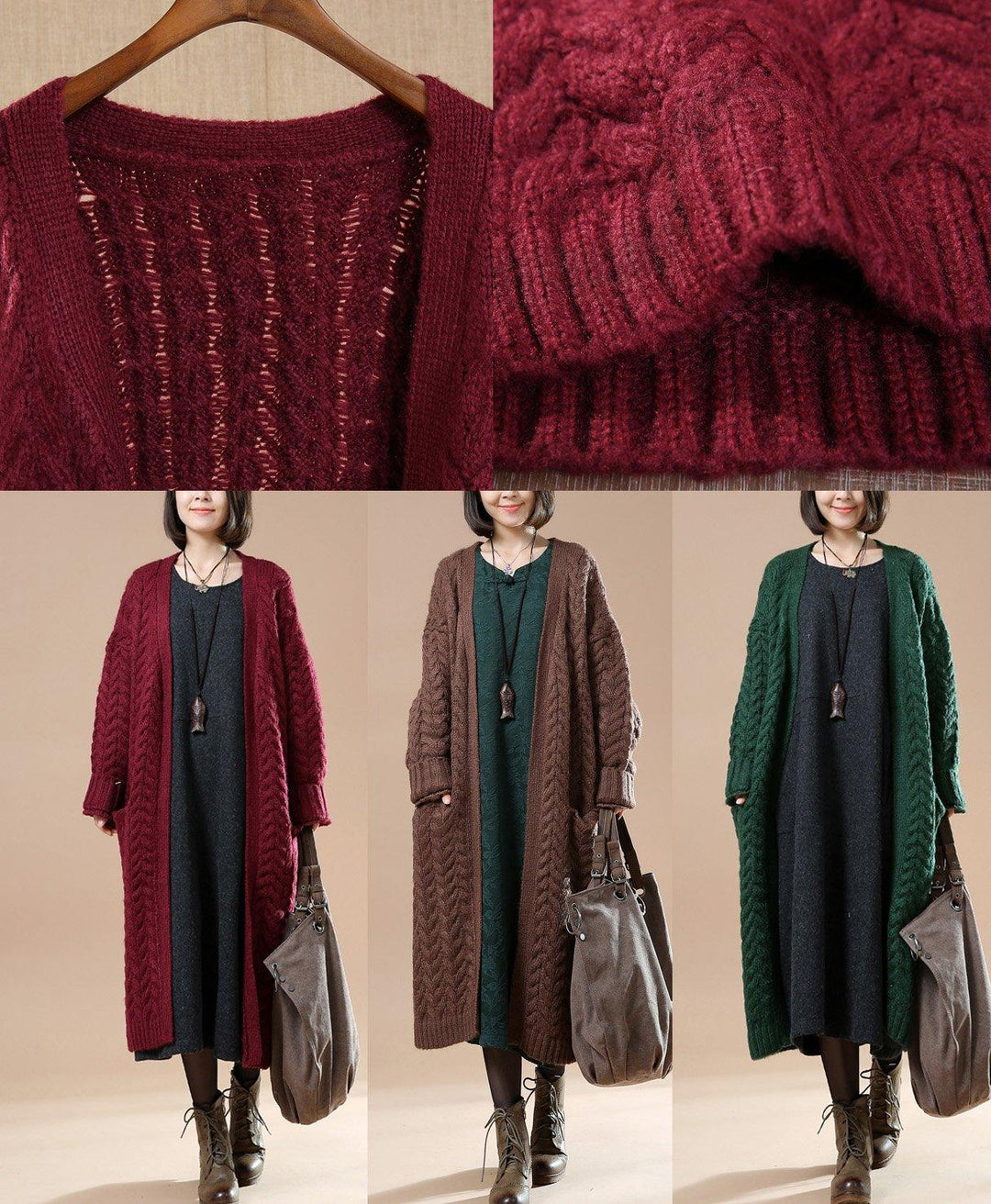 Burgundy cable knit cardigans plus size sweater coats - Omychic