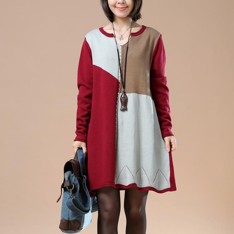 Burgundy color blocks sweaters knit dress - Omychic